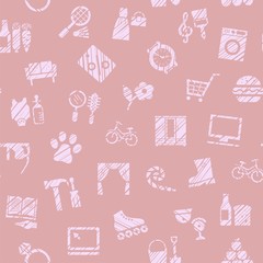 Shops, seamless pattern, color, hatching, pink, vector. Different product categories. Imitation of pencil hatching.  