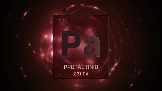 Protactinium as Element 91 of the Periodic Table. Seamlessly looping 3D animation on red illuminated atom design background with orbiting electrons. Name, atomic weight, element number in Spanish lang