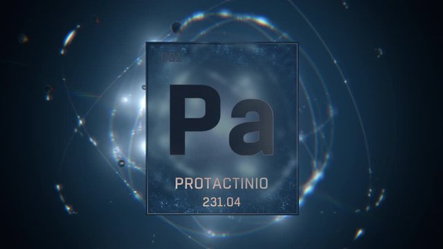 Protactinium as Element 91 of the Periodic Table. Seamlessly looping 3D animation on blue illuminated atom design background with orbiting electrons. Name, atomic weight, element number in Spanish lan