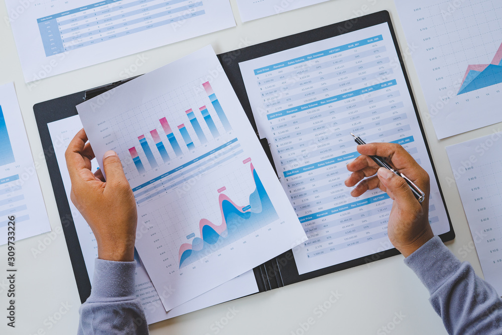 Poster businessman working calculate data document graph chart report marketing research development planni