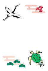 はがきテンプレート　鶴　亀　梅　背景　イラスト　手描き