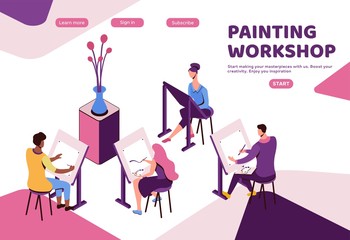 Painting workshop vector illustration, students draw still life on easel, hobby class landing page, creative courses banner, isometric website template