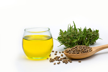 Hemp seeds and hemp oil on white background, CBD cannabis oil extract, marijuana  alternative herbal medicine concept.