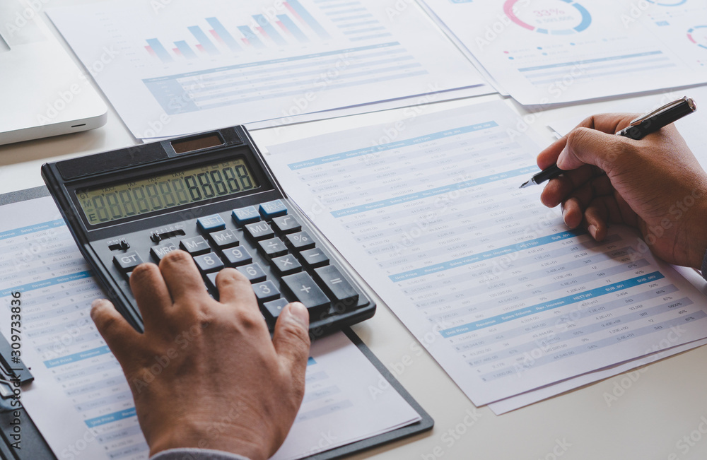 Poster businessman working calculate data document graph chart report marketing research development planni