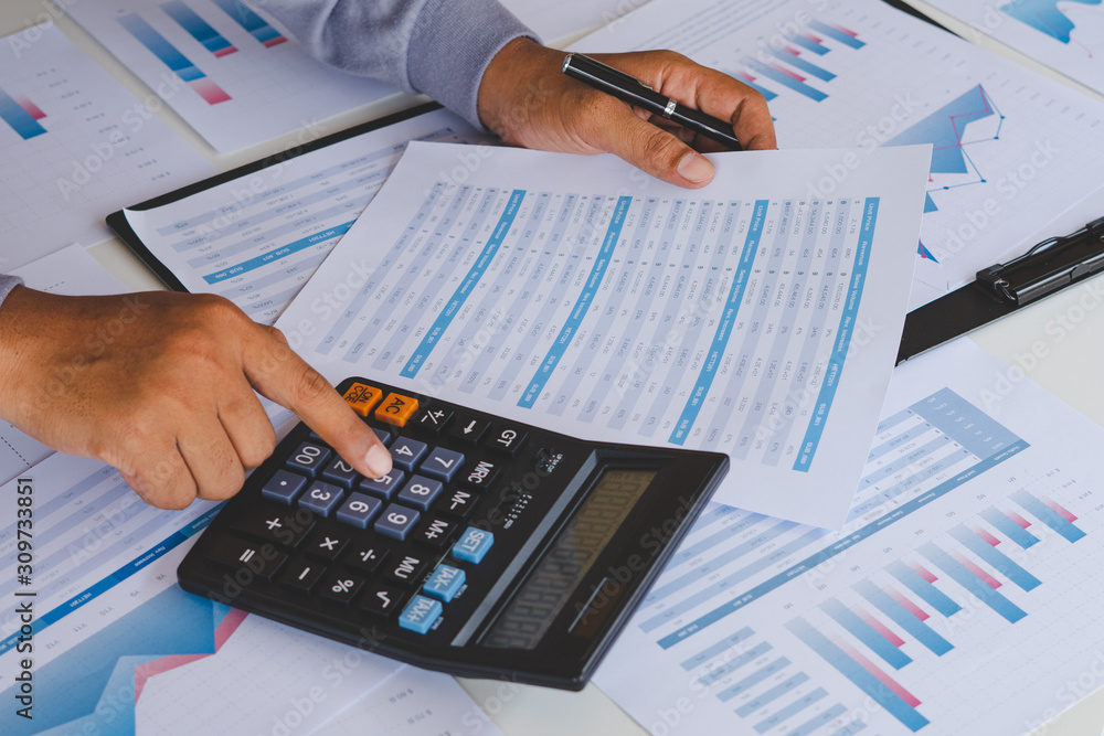 Poster businessman working calculate data document graph chart report marketing research development planni