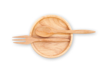 Isolated Wooden Kitchen Utensils, Spoon, fork and small empty round dish on white background (with clipping path)