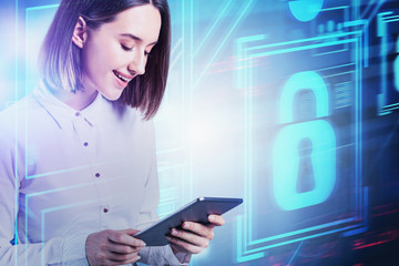 Smiling woman with tablet, cyber security