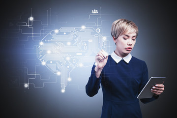 Asian woman with tablet working with AI brain