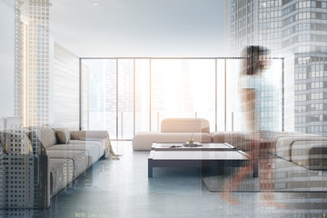 Woman walking in panoramic white living room