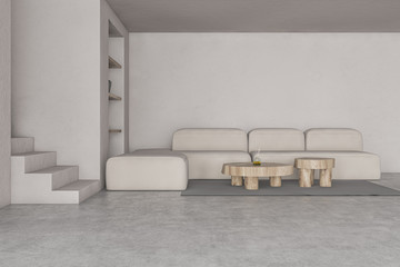 Living room interior with sofa, stairs and shelves