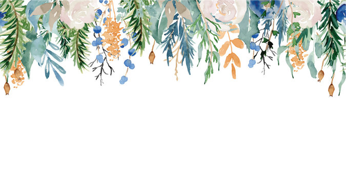 Floral winter seamless border illustration. Christmas Decoration Print Design Template © EvgeniiasArt