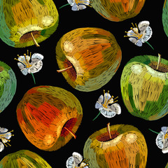 Embroidery apples and white flowers seamless pattern. Garden art. Template for clothes, textiles and t-shirt design