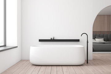 White bathroom and bedroom interior