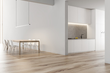 White Scandinavian kitchen and dining room