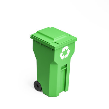 Green recycle bin for plastic on white background
