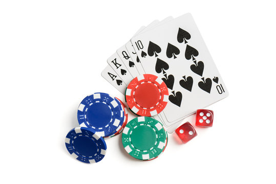 Top view on dices, chips and gaming cards isolated