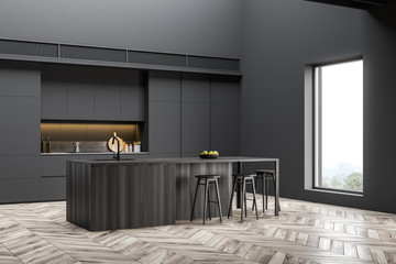 Gray loft kitchen corner with counters and bar