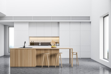 Loft white kitchen with bar, front view