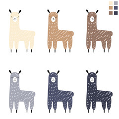 Cute standing llama natural color set scandinavian style. Beige, coffee, brown and shades of gray. Nice flat cartoon little animals. Stock vector illustration isolated on white background.