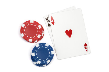 Win blackjack playing cards and casino poker chips isolated