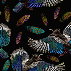 Embroidery magpie birds and feathers seamless pattern. Fashion template for clothes, textiles