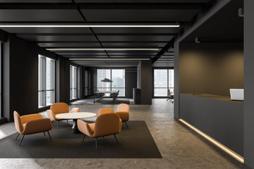 Gray reception and lounge in office interior