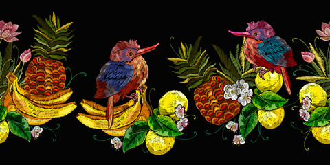 Embroidery. Tropical birds, lemons, bananas and pineapples. Fruits art. Horizontal seamless pattern. Fashion clothes template, t-shirt design