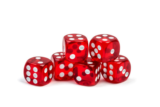 Group of red gambling casino dice isolated on white