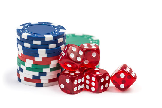  red gambling casino dice and chips isolated on white