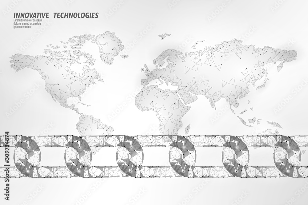 Poster blockchain global business symbol concept. chain connection world map information security. 3d low p