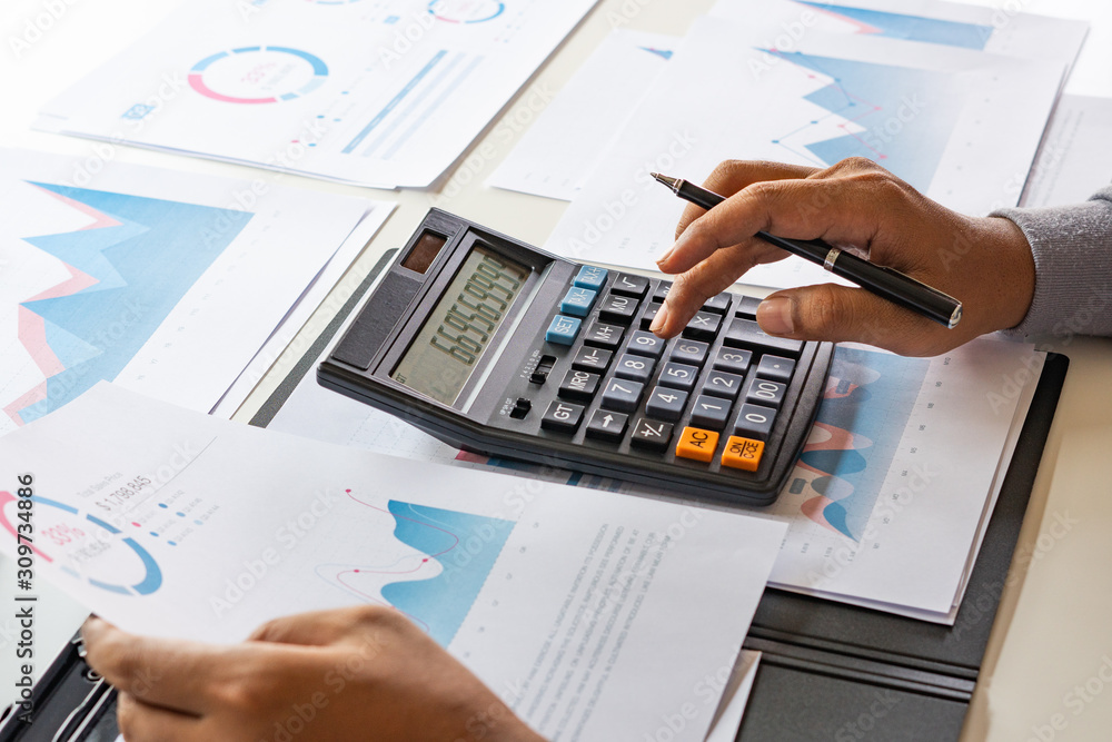 Poster businessman working calculate data document graph chart report marketing research development planni