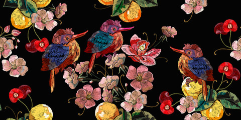 Horizontal seamless pattern. Fashion clothes template, t-shirt design. Blossom cherry flowers, tropicals birds and lemons