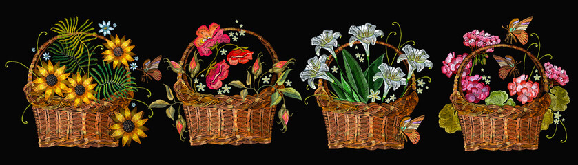 Embroidery. Collection of wicker baskets with flowers. Lilies, sunflowers, poppies. Fashion template for clothes, textiles