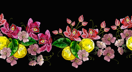 Embroidery blossoming lemons and spring pink flowers. Horizontal seamless pattern. Fashion clothes template, t-shirt design