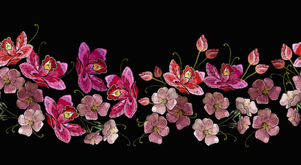 Embroidery wild pink flowers and lotus seamless pattern. Horizontal seamless pattern. Fashion clothes template, t-shirt design