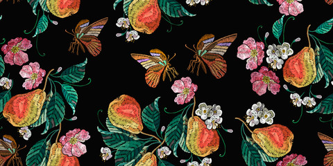 Embroidery pear fruits leaves and butterfly. Horizontal seamless pattern. Botanical illustration. Fashion clothes template, t-shirt design