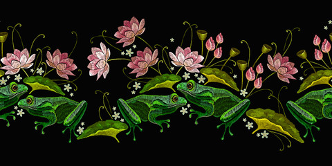 Embroidery green frogs and lotus flowers. Horizontal seamless pattern. Fashion clothes template, t-shirt design