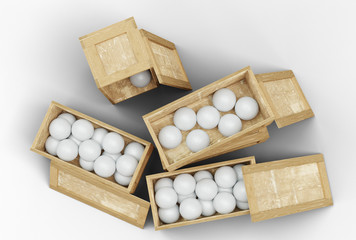 Top view of Four Wood Transport Box full of Handball balls