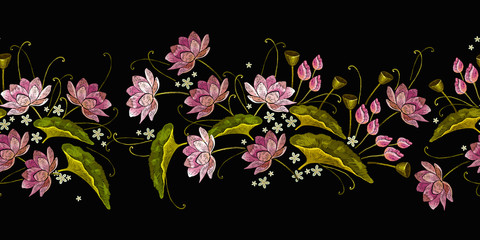 Embroidery pink water lotus flowers. Horizontal seamless pattern. Fashion clothes template, t-shirt design