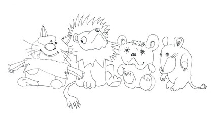 Little toy animals sit together in a row. Cat, lion, bear and rat. Ink drawing.