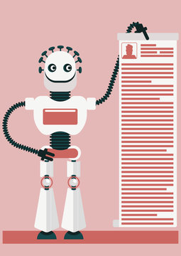 Illustration Of How Is Big The Presence Of Artificial Intelligence In Our Life. A Robot Holding The Record Of All Information Regarding You. He Basically Know Everything About Your Life