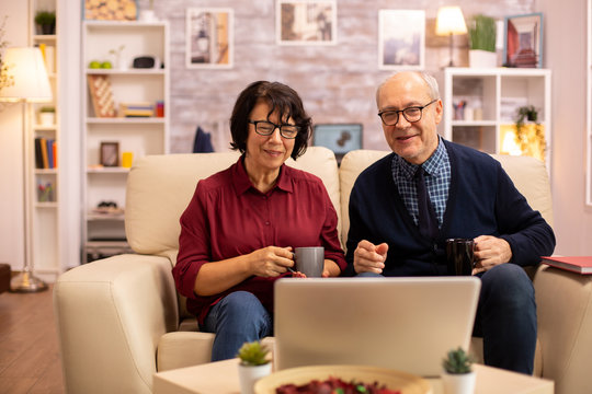 Elderly old couple using modern laptop to chat with their grandson