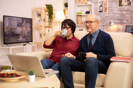 Elderly old couple using modern laptop to chat with their grandson