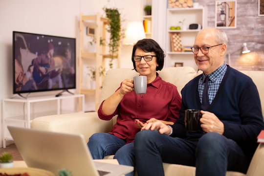 Elderly old couple using modern laptop to chat with their grandson