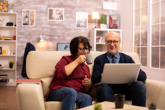 Elderly old couple using modern laptop to chat with their grandson