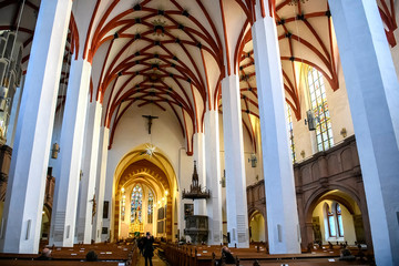 Interior of Lutheran St Thomas Church Thomaskirche in Leipzig, Germany. November 2019