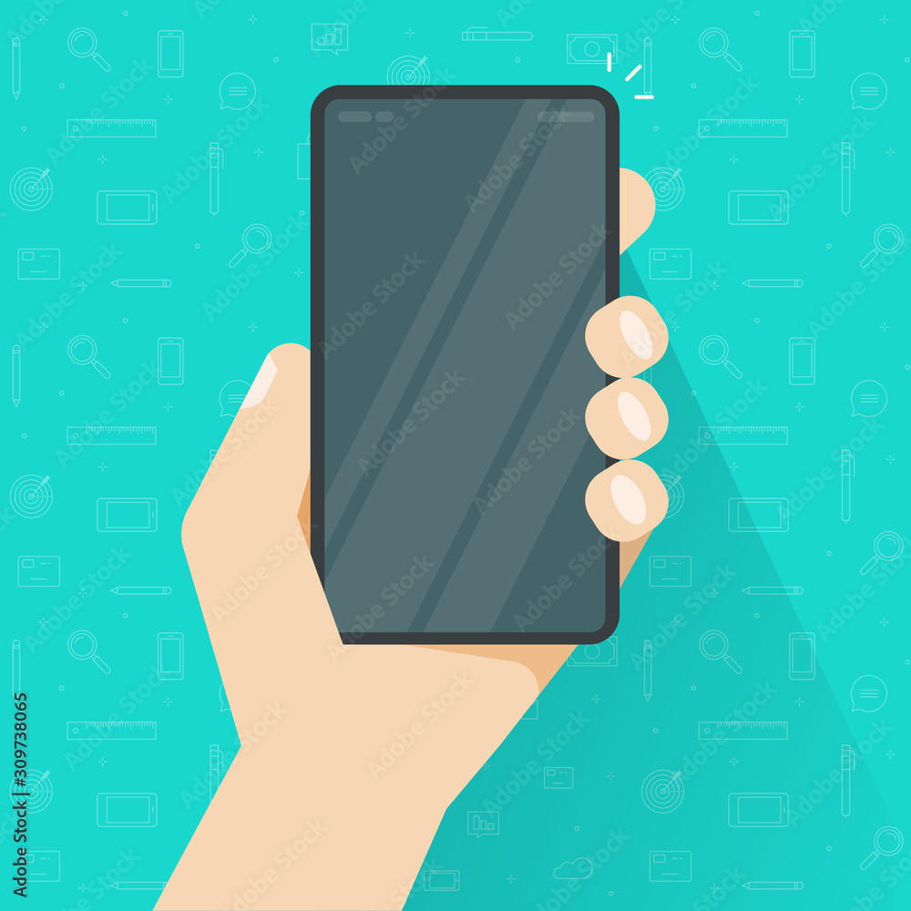 Aufkleber phone or cellphone in hand with empty screen or person holding mobile smartphone with blank display 