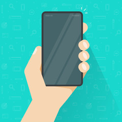 Phone or cellphone in hand with empty screen or person holding mobile smartphone with blank display vector illustration, flat cartoon telephone mockup or template modern design image