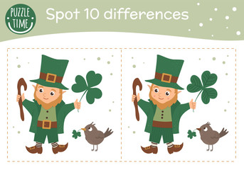 Saint Patrick’s Day find differences game for children. Spring holiday festive preschool activity with leprechaun. Puzzle with cute funny smiling characters..