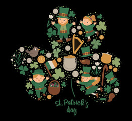 Vector Saint Patrick Day frame with leprechaun, shamrock on black background. Irish holiday themed banner or invitation framed in clover shape. Cute funny spring card template..